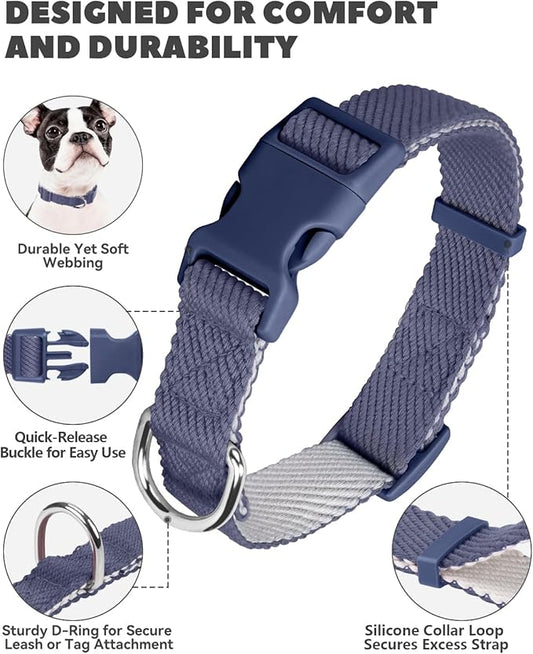 Dynmeow Soft and Breathable Cotton Dog Collar, Durable Adjustable Heavy-Duty Pet Collar with Quick-Release Buckle, Lightweight for Sensitive Skin for Medium and Large Dogs, Navy-Blue, M