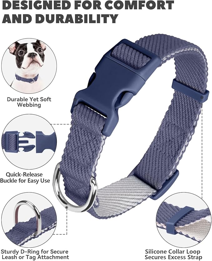 Dynmeow Soft and Breathable Cotton Dog Collar, Durable Adjustable Pet Collar with Quick-Release Buckle, Lightweight for Sensitive Skin for Puppies and Extra-Small Dogs, Navy-Blue, Xs