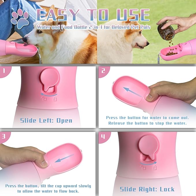 Dog Water Bottle with Food Container, 19Oz Large Capacity Portable Dog Water Bowl Dispenser, Food Grade New Puppy Essentials & Chihuahua Dog Accessories for Hiking Walking Traveling