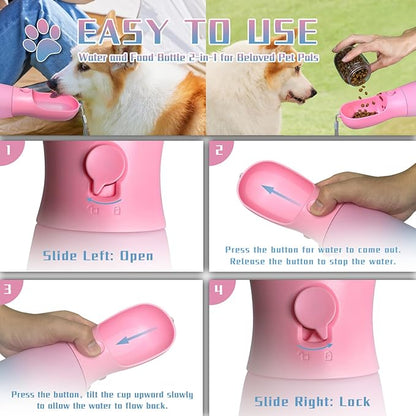 Dog Water Bottle with Food Container, 19Oz Large Capacity Portable Dog Water Bowl Dispenser, Food Grade New Puppy Essentials & Chihuahua Dog Accessories for Hiking Walking Traveling