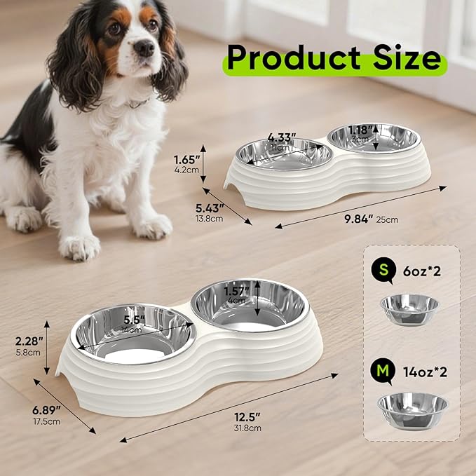 Stainless Steel Dog Bowls Set, Double Food & Water Bowls for Dogs, Dual Dog Food Bowl with 2 Medium (14oz*2) Bowl, Non-Slip Pet Bowls Suitable for Puppies, Cats and Medium Breed Dogs (White)