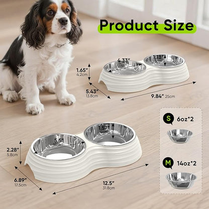 Stainless Steel Dog Bowls Set, Double Food & Water Bowls for Dogs, Dual Dog Food Bowl with 2 Medium (14oz*2) Bowl, Non-Slip Pet Bowls Suitable for Puppies, Cats and Medium Breed Dogs (White)