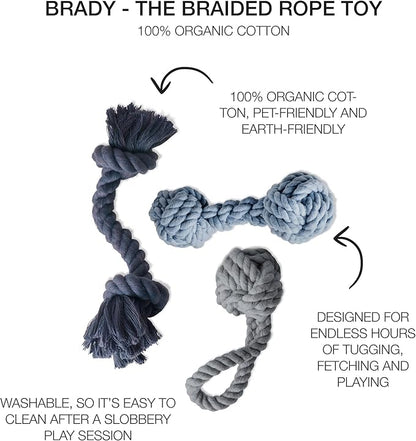 Brady The Rope Tug Toy 3-Pack Organic Cotton Dog Rope Pull Toys for All Pet Breeds, Navy Ombre, One Size