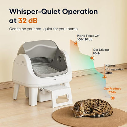 PetPivot Open Top Self Cleaning Cat Litter Box, Automatic Litter Box with 7 Pairs of Safety Sensors, Anti-Pinch Protection and Easy Access Step for Senior Cats, White Grey