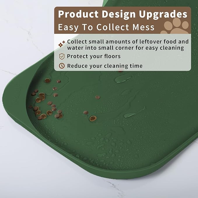 Silicone Pet Food Mat with Raised Edge for Food and Water Bowl, Dog Feeding Mats, Cat Food Trays for Floor Waterproof, Rubber Tray for Dogs and Cats, 19 x 12 x 0.7 Dark Olive
