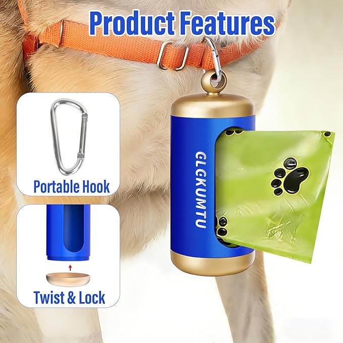 Dog Poop Bag Dispenser, Upgraded Aluminum Poop Bag Holders for Leashes, Durable Leakproof Pet Waste Holder w/Carabiner Clip, 2 Rolls Waste Bags Included, Outdoor Dog Walking Travel (Blue)