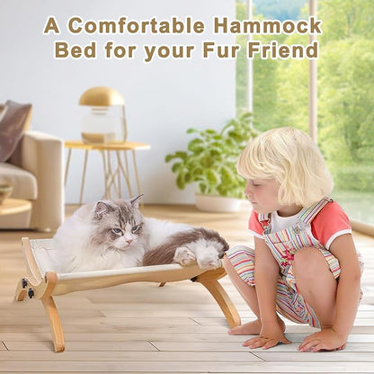 Cat Bed for Indoor Cats, Solid Wood Raised Pet Hammock with Washable Canvas Cover, Adjustable Cat Sleeping Perch Holding 40 lb