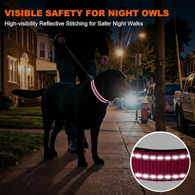 Taglory Reflective Dog Collar with Safety Locking Buckle, Soft Neoprene Padded Dog Collar for Extra Large Dogs, Metal D-Ring, Adjustable Nylon Neck Strap for Walking, Training & Running, Hot Pink, XL