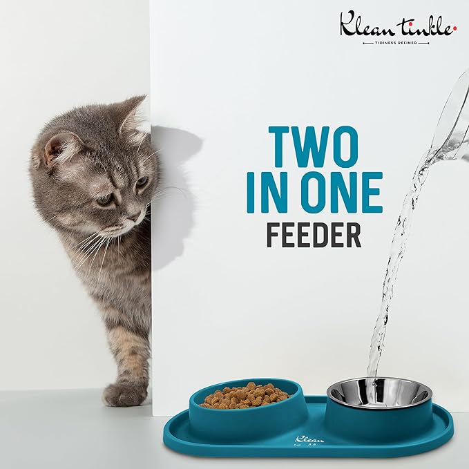 Pets Anti Skid Double Slow Feeder Dog Bowls with Non Skid Silicone Mat - Stainless Steel Dog Water Bowl for Cats & Pets Beautiful Dirty Blue Color