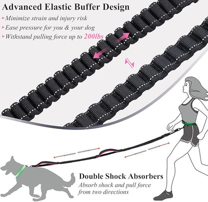 VIVAGLORY Hands Free Dog Leash Bungeetwin Running Dog Leash with Waist Belt for Running Walking & Jogging, Bungee & Around Waist for Pet, M, Black/Pink