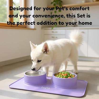 BoldPet® Dog Food and Water Bowl Set - Food Grade,Non-Slip Design Silicone Mat - Includes 2 Removable Stainless Steel Dog Bowls for Small Dogs - Perfect Puppy Bowls Set - Pet Bowls for Dogs and Cats