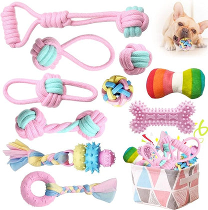 Puppy Teething Chew Toys for Small Dogs - Interactive Rope Toy, Balls, Ring, and Storage Basket (C)