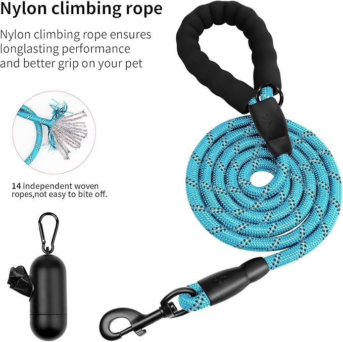 Heavy Duty Dog Leash for Large Medium Small Breed Dogs, Reflective Rope Dog leashes with Comfortable Handle,4/5/6 FT Pet Puppy Leash for Night Walking with Poop Bag Holder,Sky Blue,1/2 inch