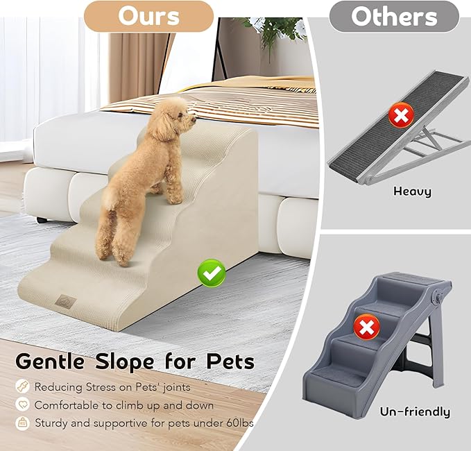 Mestuel 23in High Dogs Stairs, F Stairs for High Bed,5 Steps Ramp to High Couch Sofa Bed Indoor with Gentle Slope& Nonslip Bottom, Lint Roller Set, Beige