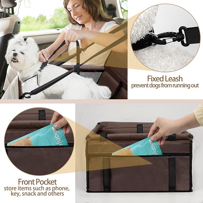 PetsHome Dog Car Seat Foldable Dog Car Booster Seat Waterproof Breathable Oxford Travel Bag for Small to Medium Dogs, Puppies, and Pets-Pure Coffee