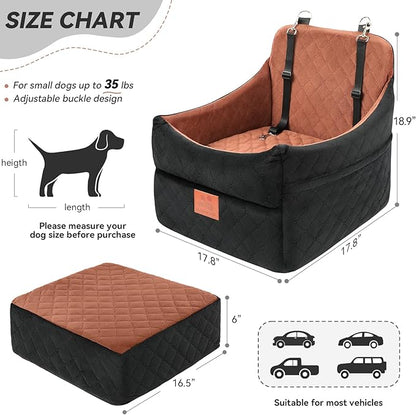 GL GLENSLAVE Dog Car Seat for Small/Medium Dogs, Dog Booster Car Seats with Thick Cushion for Dogs Under 35 lbs, Detachable Washable Pet Carseat with Storage Pockets, 2 Safety Belts(Black/Brown)
