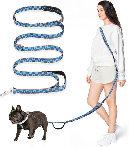 Hands Free Dog Leash, 8.5ft Adjustable Hands Free Leash for Medium Dogs, Versatile Handheld Crossbody Waist Lead with 3 Rings, for Running Jogging Walking, Sponge Handle, Geometric Blue