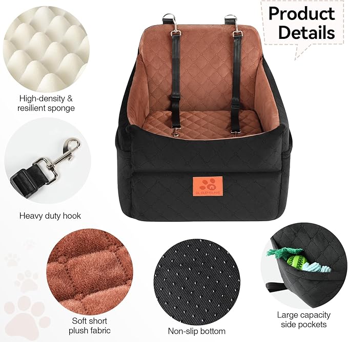 GL GLENSLAVE Dog Car Seat for Small/Medium Dogs, Dog Booster Car Seats with Thick Cushion for Dogs Under 35 lbs, Detachable Washable Pet Carseat with Storage Pockets, 2 Safety Belts(Black/Brown)
