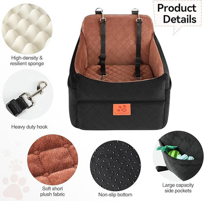 GL GLENSLAVE Dog Car Seat for Small/Medium Dogs, Dog Booster Car Seats with Thick Cushion for Dogs Under 35 lbs, Detachable Washable Pet Carseat with Storage Pockets, 2 Safety Belts(Black/Brown)