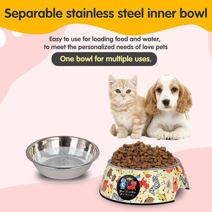 Pet Cats Dogs 2 in 1 Food Water Bowls - Non Slip Skid Proof Heavy Duty Pet Cats Dog Food Water Bowls for Feeding Drinking Small Medium Large Dogs Cats Puppies -Cartoon Animal World-L