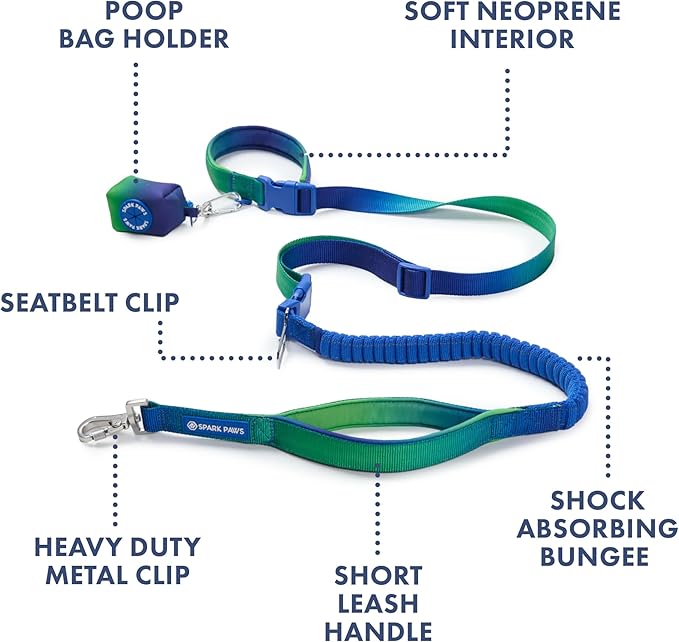 Spark Paws Handsfree Dog Leash – Shock Absorbing Waist Bungee Lead with 2 Padded Handles, Car Seatbelt Clip & Poop Bag Set, Heavy Duty Tactical Lead for Medium, Large & X-Large Breeds - Lime Wave