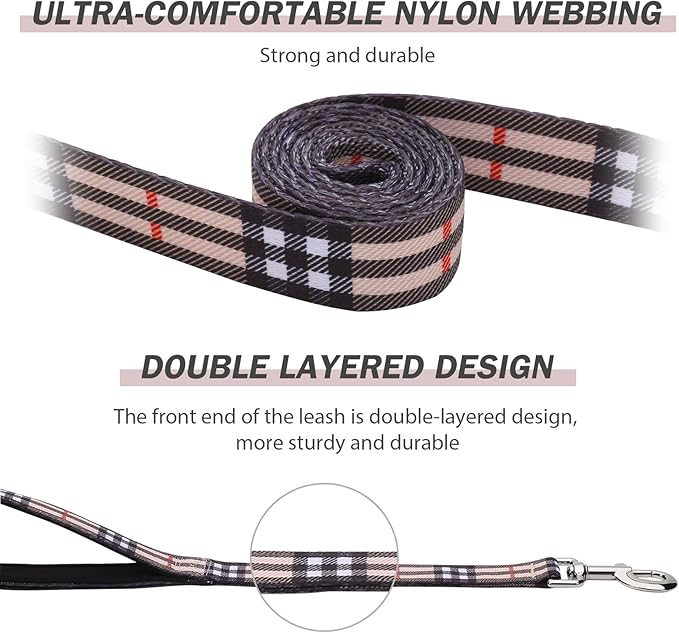 Hikiko 4 Foot Cute Girl Double Handle Dog Leash Padded Traffic Handles for Walking Training (Beige Plaid, 4ft)