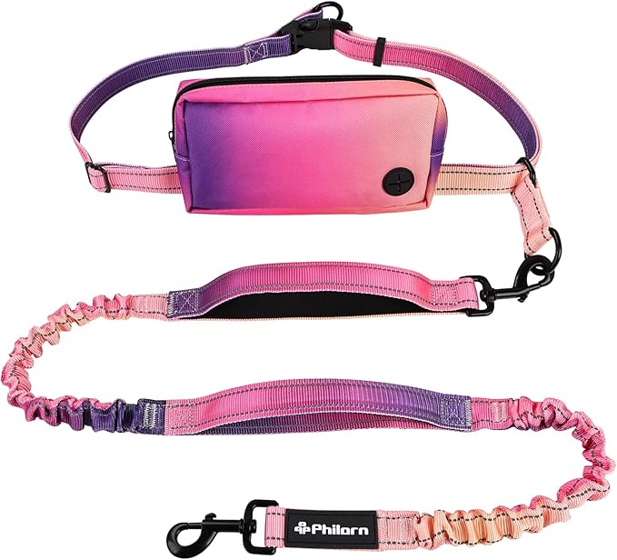 Philorn Hands Free Dog Leash for Dogs with Pouch, Adjustable Waist Leash for Medium Large Dogs Walking, Running, Jogging, Hiking, Dual Handles and Durable Bungee