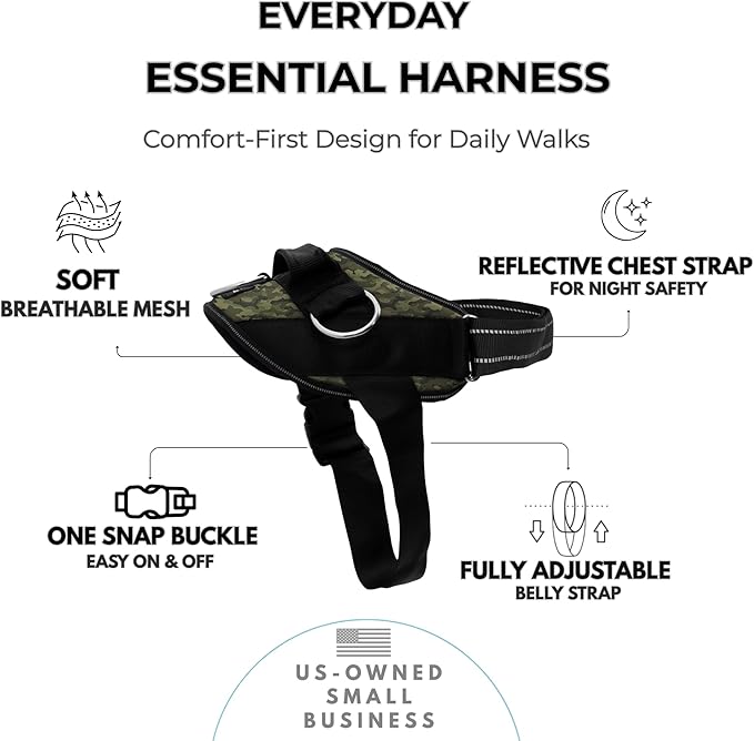 ShawnCo Essential Dog Harness, No-Pull Pet Vest with 3 Leash Clips, No Choke, Reflective, Adjustable and Padded, for Easy Walking and Training for Small, Medium and Large Dogs (Military Camo, L)