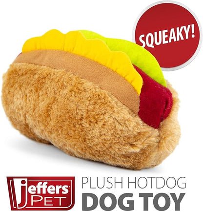 Jeffers Pet Plush American Grill Time Cuisine Dog Toys – 6" Squeaky Hotdog Plush Toys for Dogs – Chew, Cuddle, Interactive Play, Soft Durable Fabric, Puppy Gift, Christmas Stocking Stuffer