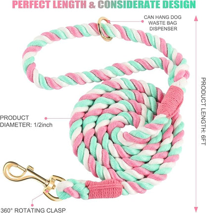 Dog Leash 6 FT Handmade Braided Cotton Rope Leashes for Small Medium and Large Dogs, New Golden Heavy Duty Metal Clasp, Cherry Blossom Pink