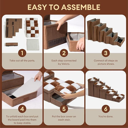 FUNNYFUZZY Dog Stairs for Small Dogs - 5 Steps Chessboard Plaid Handcrafted Dog Stairs with Storage - Multifunctional and Foldable, Brown