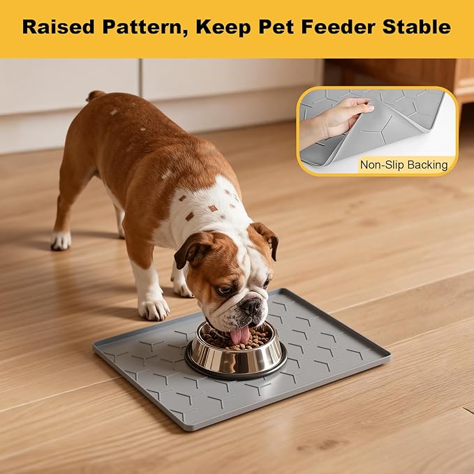 Pieviev 16''x12'' Dog Cat Food Bowl Mat, Silicone Waterproof Food Grade Pet Food Mat for Floor, High Raised Edge to Prevent Spills, Non-Slip & Easy Clean Pet Placemat for Dog & Cat Bowls, Light Gray