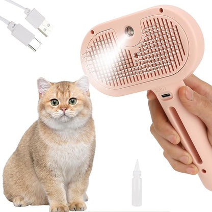 Cat Steam Brush for Long Haired Cats, Dog Brush for Shedding Pet Grooming, Self Cleaning Hair Removal Comb, Pink