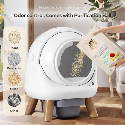 Automatic Litter Box, Self Cleaning Litter Box for Multiple Cats with App Control, Dual Safety Protection, Odor-Free Waste Disposal, Includes Trash Bags, White