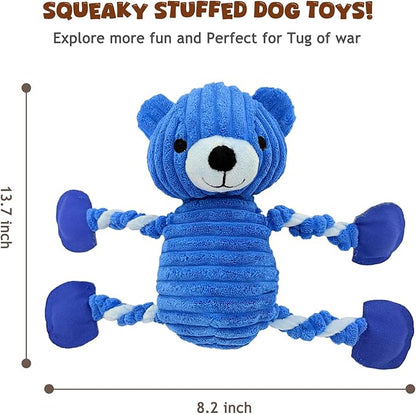 LWBMG Squeaky Dog Toys, Tug of War Dog Toys to Keep Them Busy, Stuffed Animal Dog Plush Toy for Puppy Small, Middle, Large Dogs, Cute Bear Interactive Doggie Toy Blue