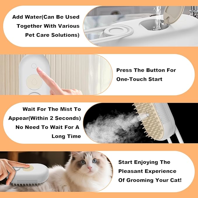 4-in-1 Rechargeable Cat & Dog Steam Brush for Shedding, Self-Cleaning Pet Groomer with Rotating Handle for Massaging & Hair Removal, for Long/Short Haired Pets (Beige)