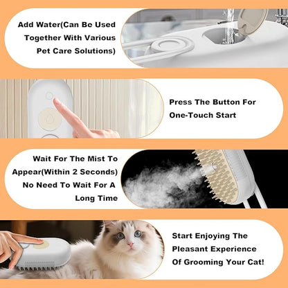 4-in-1 Rechargeable Cat & Dog Steam Brush for Shedding, Self-Cleaning Pet Groomer with Rotating Handle for Massaging & Hair Removal, for Long/Short Haired Pets (Beige)