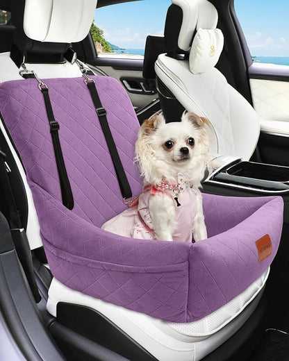 WOOAIDAGG Dog Car Seat for Small Dogs Up to 25lbs,Soft Washable Fabric Fill in Memory Foam,Easy to Assemble with 2 Clip-On Safety Leashes and Storage Pockets,Front or Back Seat are Both OK(Purple)