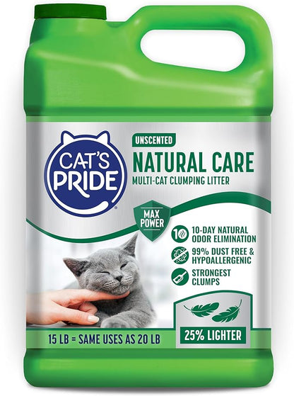 Cat's Pride Max Power: Natural Care - Up to 10 Days of Powerful Odor Control - 100% Natural Odor Elimination - Hypoallergenic - 99% Dust Free - Multi-Cat Clumping Litter, Unscented, 15 Pounds
