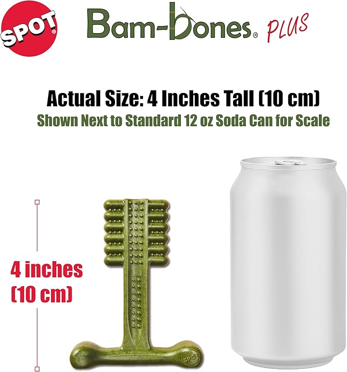 SPOT Bam-Bones Plus Toothbrush Dog Chew Toy, Durable Bamboo Fiber & Nylon Dental Chew, Fresh Mint & Baking Soda for Dental Care, Easy-Grip T-Bone Shape, For Heavy Chewers Under 30 lbs, 4 Inch, 2 Count