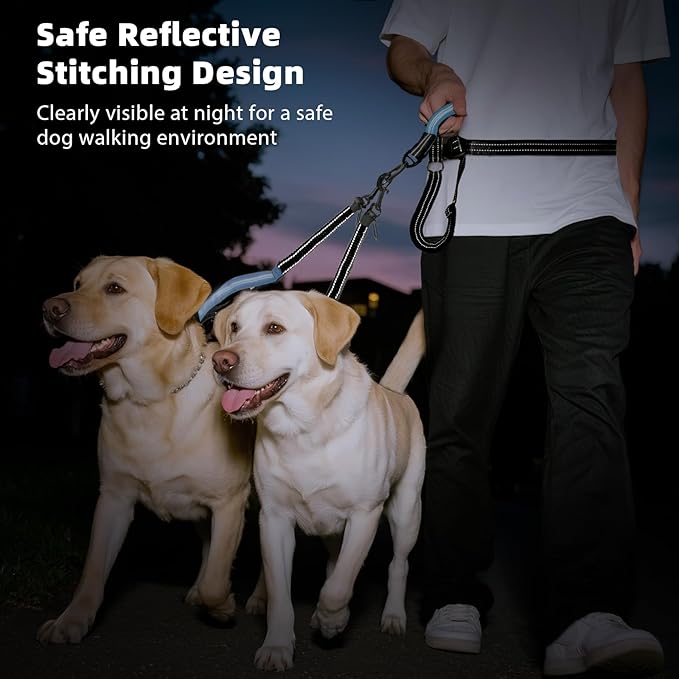 Hands Free Dog Leash, Waist Leash for Dog Walking 2 Dogs, Double Hands Free Lead with Detachable Waist Pad, Padded Handles, Shock Absorbing Bungee for Walking Jogging Hiking, Blue&Black