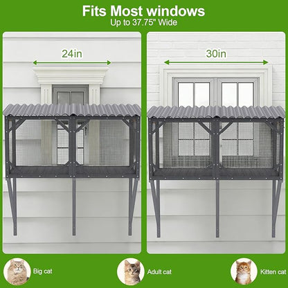 Cat Window Box Catio Outdoor Pet Patio with Bug Proof Net for Sunbathing, Napping＆Bird Watching Cat Outside Enclosure no Drill Window Perch for Indoor Cats for Apartments, Grey/White (Grey)