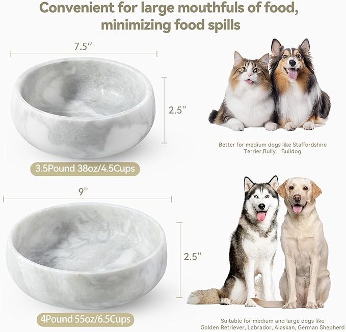 Marble Dog Bowl, 5lbs Non-Slip Cat and Dog Food Bowl Dish, Non-Tipping Weighted Puppy Pet Dish, Grey Stone Durable Food and Water Bowls, Easy to Clean, Holds 4 Cups