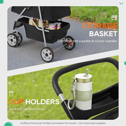 BestPet | 3-Wheel Pet Stroller | Dog and Cat Stroller | Breathable Mesh | Lightweight Travel Carrier | Waterproof & Foldable Design | Storage Basket | Black | for Daily Walks & Outdoor Use
