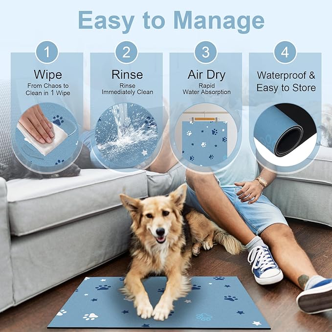 Pet Feeding Mat 12"x20"- Absorbent Dog Mat, Small Pet Food Mat, Rubber Pet Food Mat, Pet Food Mats for Floor Waterproof, Dog Water Matt for Sloppy Drinker, Cat Food Bowl Mat, Blue