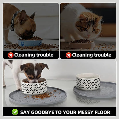 Comtim Waterproof Dog Food Mat - 2 Pack Silicone Pet Food Mat Dog Food Bowl Mats Cat Water Mats Eating Tray, Non-Slip Pet Placemat with Lip for Messy Drinkers to Protect Floor,Light Grey 11"
