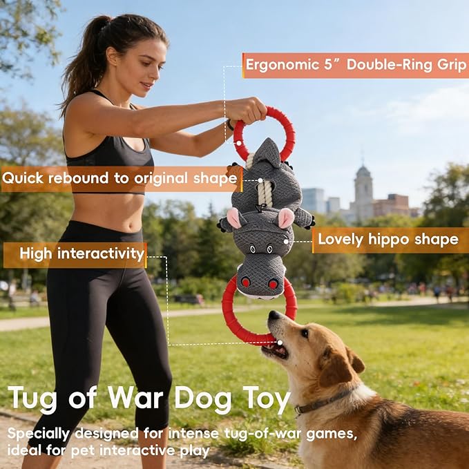 Tug of War Dog Toy - Rubber & Cotton Rope Toys for Dogs, Large Double Ring Dog Tug Toy,Interactive Dog Toys for Small Medium Large Dogs(Hippo)