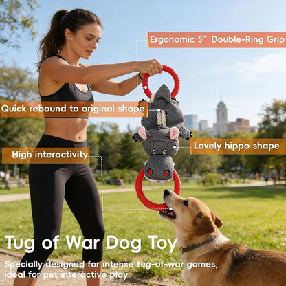 Tug of War Dog Toy - Rubber & Cotton Rope Toys for Dogs, Large Double Ring Dog Tug Toy,Interactive Dog Toys for Small Medium Large Dogs(Hippo)