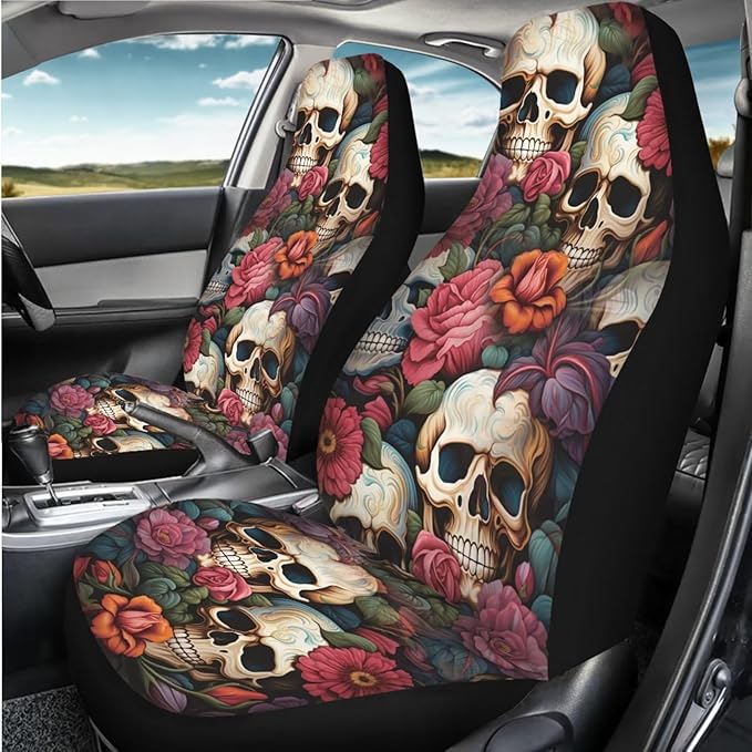 Floral Skull Car Seat Covers for Front Seats SUV Truck Van Sedans Bucket Seat Covers for Women Men, Washable and Breathable Car Accessories Seat Protector