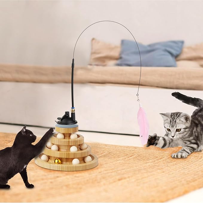 Wooden Cat Ball Track Toy 3-Layer Cat Ball Tower Toy with Suction Cup Cat Teaser Wand Set,Bamboo Cat Toys for Indoor Spinning Bell Balls Kitten Exercise Mental Physical,3pcs Replacement Feathers
